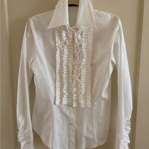 Like new Etro Milano Italian 100% cotton ruffled, collar white blouse.